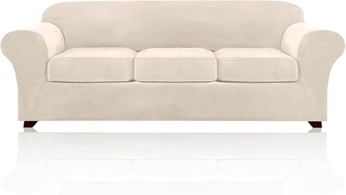 PrinceDeco Velvet XL Couch Cover for Oversized Sofa 4 Piece Sofa Covers for 3 Cushion Couch Washable Furniture Protector with Non Slip Elastic Bottom Width Up to 97 Inch(X-Large, Ivory)