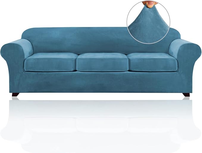 PrinceDeco Velvet XL Couch Cover for Oversized Sofa 4 Piece Sofa Covers for 3 Cushion Couch Washable Furniture Protector with Non Slip Elastic Bottom Width Up to 97 Inch(X-Large, Blue)