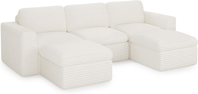 Belffin Boneless Modular Cloud Sectional Couch with Deep Seat Plush Corduroy 3-Seater Boneless U Shaped Couch with Ottoman No Assembly Required. Beige Sofa