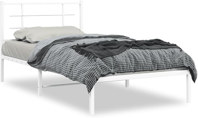 White Metal Bed Frame with Headboard, Sturdy Steel Construction for Adults, Modern Single Bed Design with Easy Assembly, Ideal for Small Bedrooms and Guest Rooms