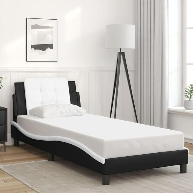 Bed Frame Black and White Modern Faux Leather Bed Frame with Headboard, Sturdy Single Mattress Support for Bedroom