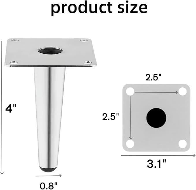 Silver Metal Furniture Legs Heavy Duty Straight Furniture Feet DIY Modern Replacement Legs for Cabinet Sofa Couch Chair-Set of 4 (Silver, 4")