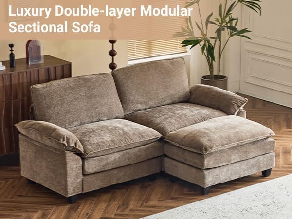 VINGLI Convertible Sectional Loveseat Sofa with Deep Seat &Movable 2-Layer Ottoman, Oversized L-shape Cloud Sofa with Chaise & Armrests, 2-Seat Sofa for Small Spaces & Apartment, Chenille, Light-Brown