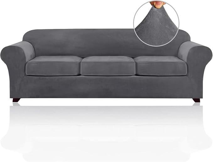 PrinceDeco Velvet Couch Covers for Sofa Soft 4 Pieces Couch Covers for 3 Cushion Couch Sofa Pet Friendly Furniture Protector with Non Slip Elastic Bottom Width Up to 97 Inch (Large Sofas, Gray)