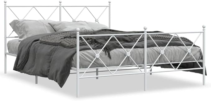 King Size Bed Frame with Headboard and Footboard, Sturdy Steel Construction in Minimalist White Finish for Modern Bedroom Decor and Storage Space