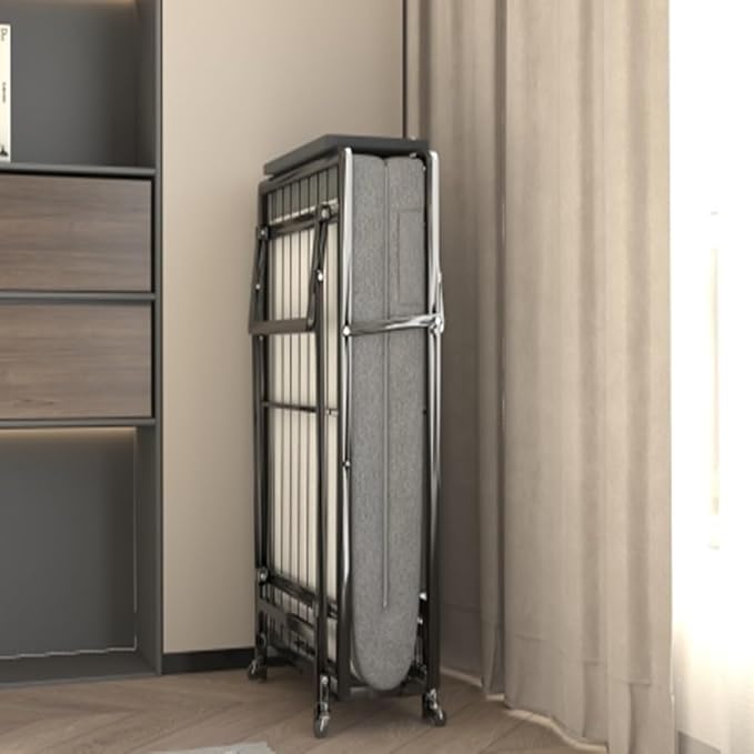 Single Bed,with Mattress and 4 Casters, Convenient and Space-Saving, Metal Foldable Bed Frame, Easy to Assemble, No Box Spring Required,Black