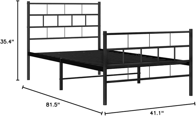 Twin Metal Bed Frame 81.5 x 41.1 x 35.4 in Black Powder-Coated Steel, Modern Platform Design, Sturdy Support for Kids, Guest or Dorm Room