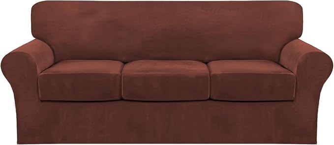 FantasDecor 4 Piece Sofa Velvet Couch Covers for 3 Cushion Stretch Slipcover with Individual Seat Cushion Elastic Furniture Protector for Pets, Machine Washable (Sofa, Burnt Brick)