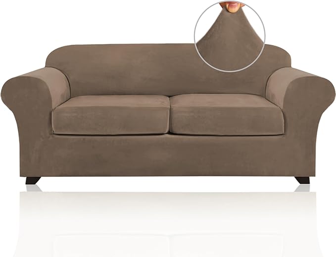 PrinceDeco Couch Cover Velvet Plush Sofa Covers for 2 Cushion Couch Width Up to 90 Inch Washable Furniture Protector Pet Friendly No Slip Sofa Slipcover(Medium-Large, Mocha)