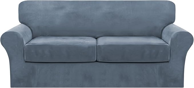 FantasDecor 3 Piece Sofa Covers Velvet for 2 Cushion Couch Stretch Loveseat Slipcover with Individual Seat Elastic Furniture Protector for Pets (Sofa, Stone Blue)