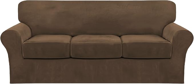 FantasDecor 4 Piece Sofa Velvet Couch Covers for 3 Cushion Stretch Slipcover with Individual Seat Cushion Elastic Furniture Protector for Pets, Machine Washable (Sofa, Bronze Brown)