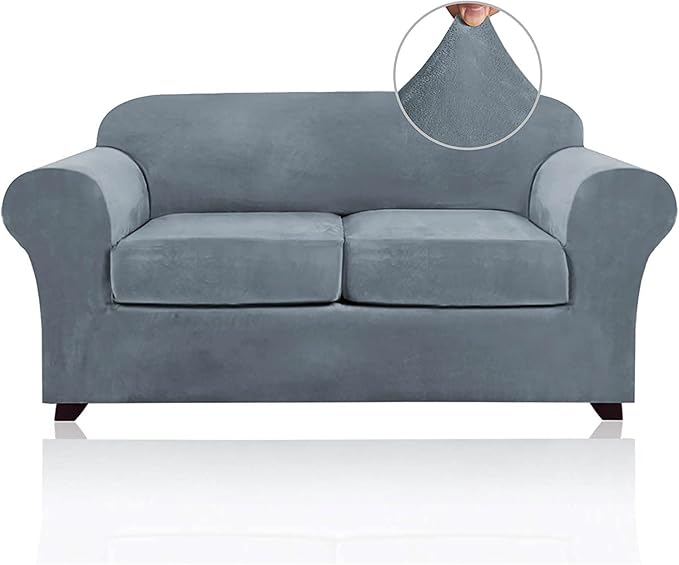 PrinceDeco Velvet Couch Cover Loveseat Covers for 2 Cushion Couch 3 Piece Sofa Covers for Dogs Washable Loveseat Covers Width Up to 72 Inch No Slip Stretch Sofa Slipcover(Medium, Stone Blue)