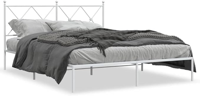 King Size Bed Frame with Headboard, Modern White Steel Platform Bed, Sturdy Minimalist Design for Spacious Bedroom, Easy Assembly Included