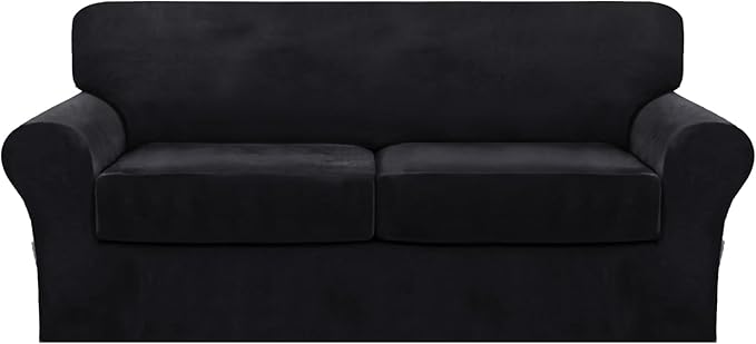 FantasDecor 3 Piece Sofa Covers Velvet for 2 Cushion Couch Stretch Loveseat Slipcover with Individual Seat Elastic Furniture Protector for Pets (Sofa, Black)
