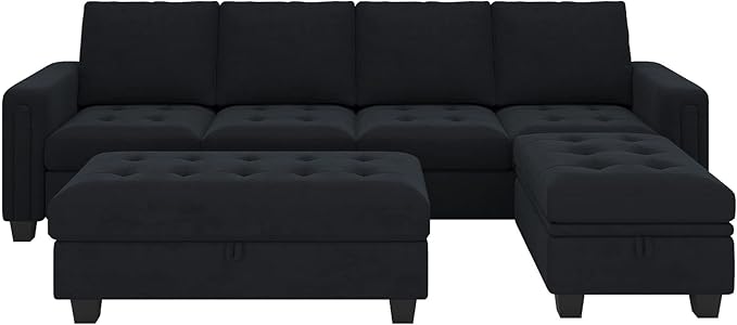 Belffin Velvet Convertible 4-Seat Sectional Sofa with Reversible Chaise L Shaped Sofa Couch Furniture Sets Sectional Couch with Storage Ottoman Black