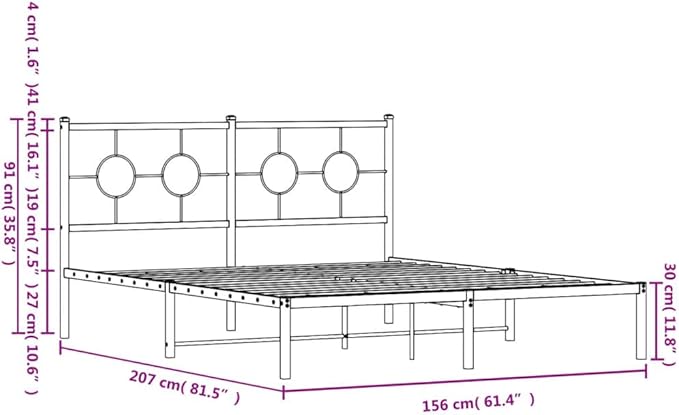 vidaXL White Steel Double Bed Frame with Headboard - Elegant Metal Slats Design (59.1"x78.7") for Modern Bedroom