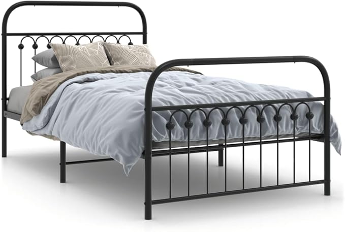 Modern Metal Bed Frame with Headboard and Footboard, Sturdy Steel Structure for Single Bed, Under Bed Storage, Black Matte Finish, Easy Assembly