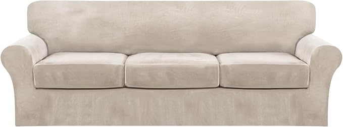 FantasDecor 4 Piece Sofa Velvet Couch Covers for 3 Cushion Stretch Slipcover with Individual Seat Cushion Elastic Furniture Protector for Pets, Machine Washable (Large Sofa, French Oak)