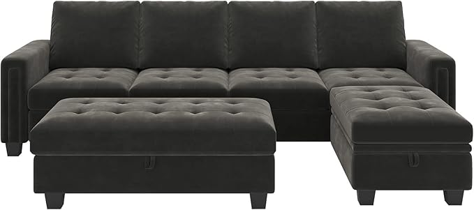 Belffin Velvet Convertible 4-Seat Sectional Sofa with Reversible Chaise L Shaped Sofa Couch Furniture Sets Sectional Couch with Storage Ottoman Grey