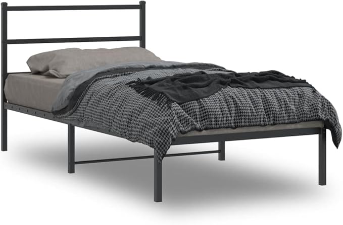 Modern Black Powder-Coated Bed Frame with Headboard, Sturdy Steel Platform Bed with Ample Storage Space, Durable Mattress Support for Single Sleeper, Easy Assembly for Guest