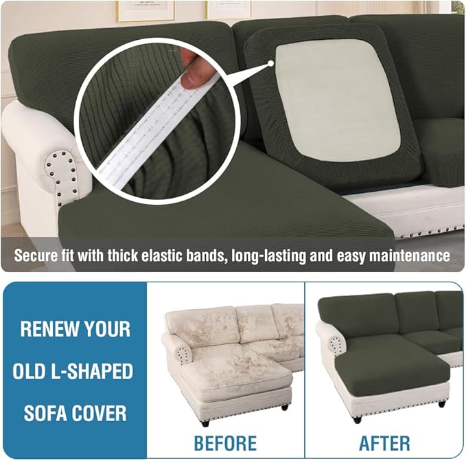H.VERSAILTEX Sectional Couch Covers 4 Pieces Sofa Seat Cushion Covers L Shape Separate Cushion Couch Chaise Cover for Both Left/Right Sectional Couch (Seat Only: 1 Chaise + 3 Sofa, Olive)
