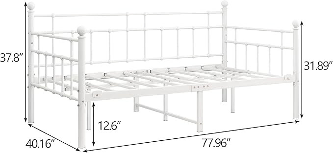 BOFENG Metal Daybed Frame Twin Size Platform Sofa Bed Day Bed with Strong Steel Slats Mattress Foundation Bedroom Furniture,Noise Free,White
