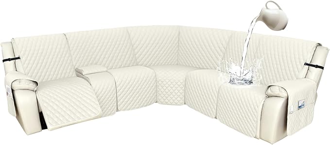 Arfntevss Recliner Sectional Couch Covers 1OO% Waterproof L Shape Sofa Cover for Reclining L Shaped Sectional Slipcover Dog Washable Corner Non Slip Protector (5 Seater with 1 Console, Cream White)