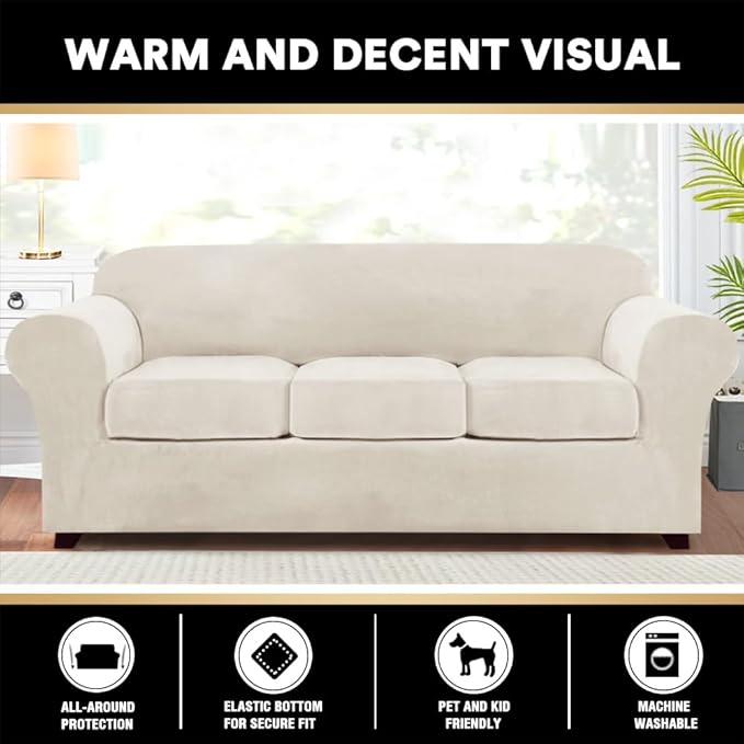 PrinceDeco Velvet Couch Covers for Sofa Soft 4 Pieces Couch Covers for 3 Cushion Couch Sofa Pet Friendly Furniture Protector with Non Slip Elastic Bottom Width Up to 97 Inch (Large Sofas, Cream)