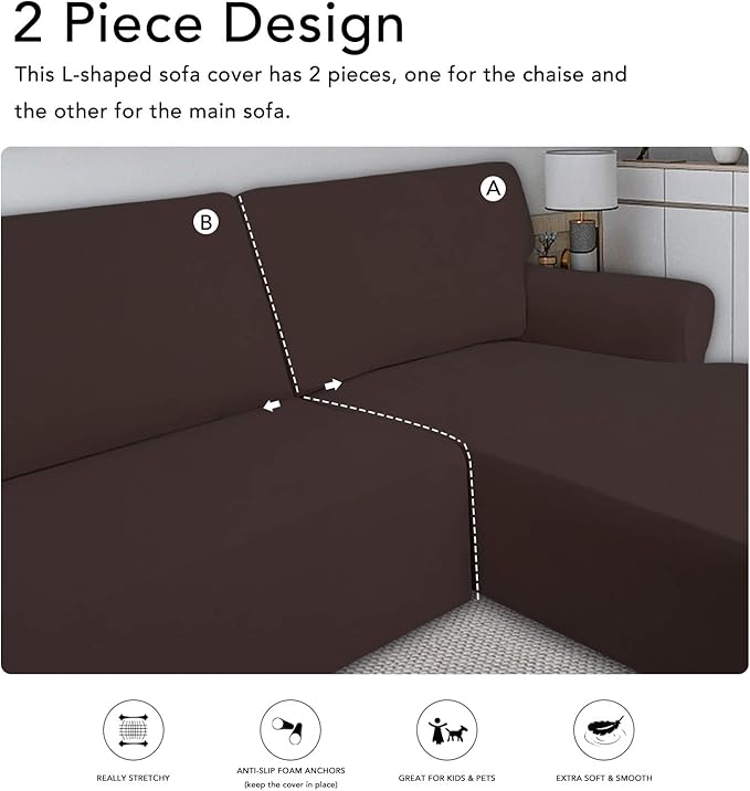 PureFit Super Stretch Sectional Couch Covers - 2 pcs Spandex Non Slip Sofa Covers with Elastic Bottom for L Shape Sectional Sofa Couch, Great for Kids & Pets（3 Seat Sofa + 3 Seat Chaise, Chocolate