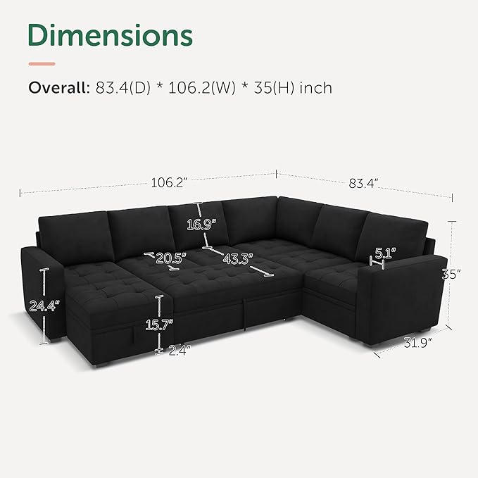 HONBAY Modular Sectional Sleeper Sofa with Pull Out Bed, Velvet Convertible L Shaped Couch with Storage Seat, Sectional Couches for Living Room, Black
