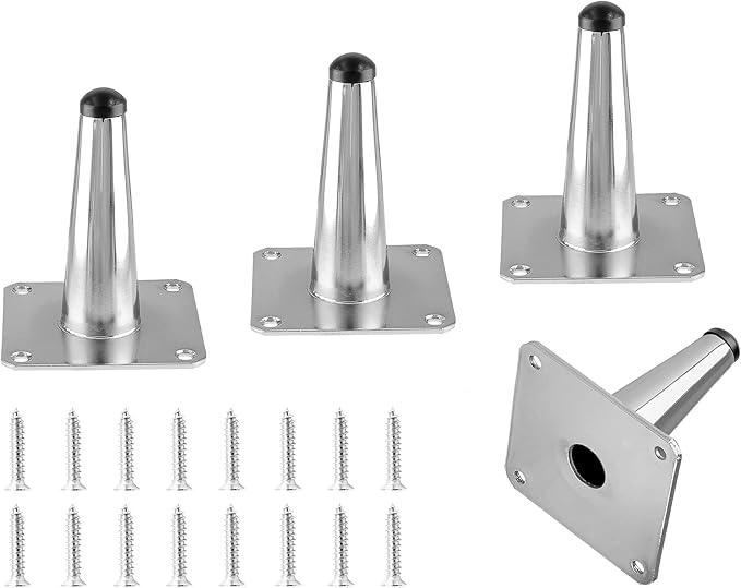 4pcs 4 Inch Furniture Legs, Straight Conical Metal Legs Chrome Mid-Century Style Furniture Feet for Sofa Cabinet Table Chair Cupboard Couch Ottoman Home DIY Projects