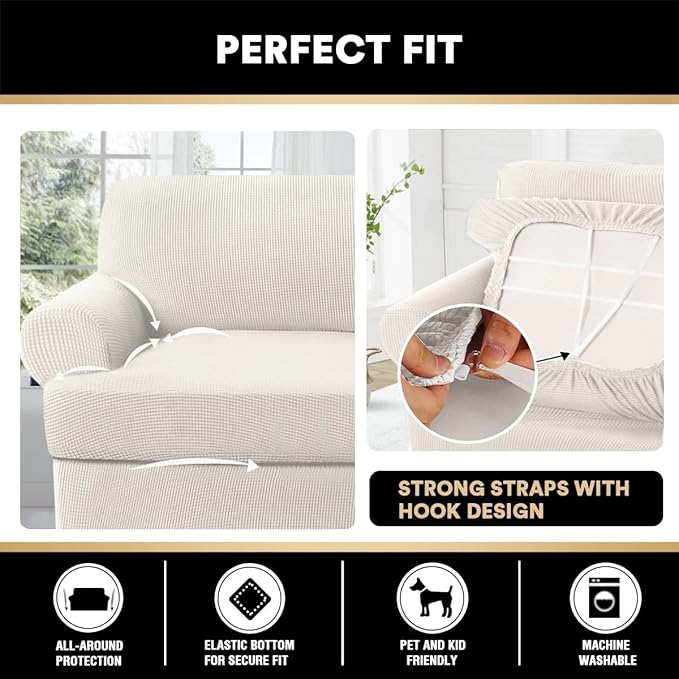 PrinceDeco T Cushion Sofa Slipcover 3 Pieces Sofa Covers for T Cushion Couch Soft Couch Covers Sofa Slip Cover Furniture Covers with 2 Individual T Shape Seat Covers Width Up to 88", Ivory