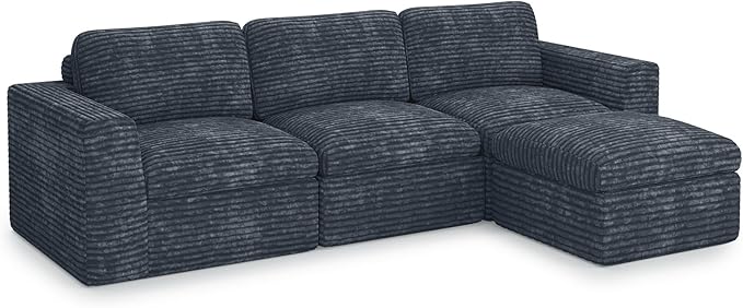Plush Corduroy Cloud Sectional Couches for Living Room Boneless Modular Sectional Sofa Convertible 3-Seater L Shaped Couch with Ottoman. Grey Sofa.