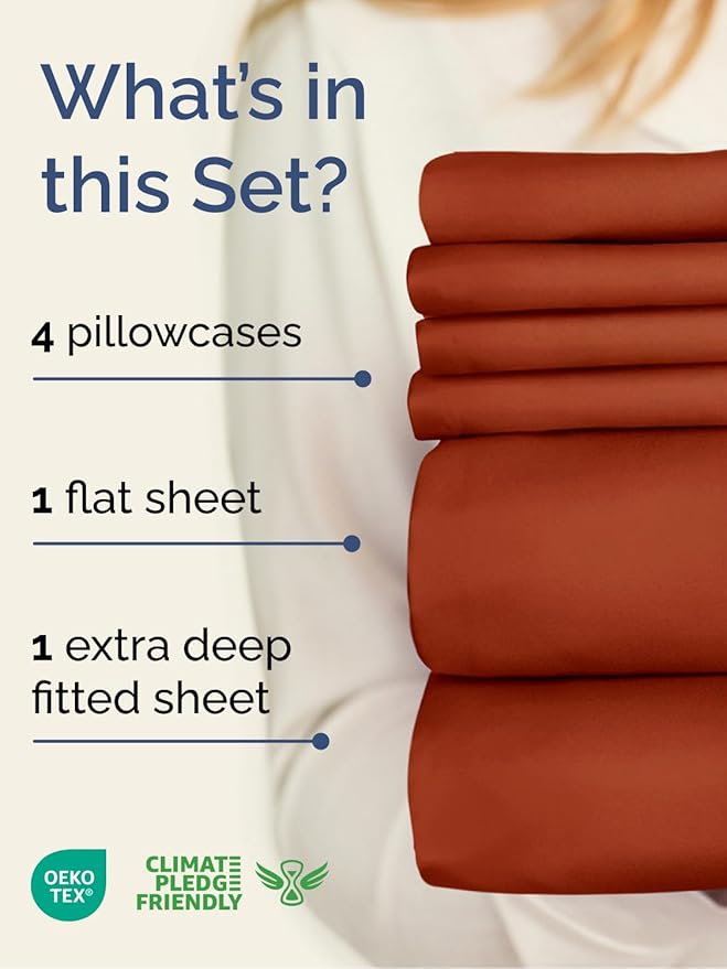 Extra Deep Cal King Sheet Set - 6 Piece Breathable and Cooling Sheets - Hotel Luxury Bedding for Women, Men, Kids & Teens - Easy & Secure Fit - Soft and Wrinkle Free - Extra Deep Pockets - Terracotta
