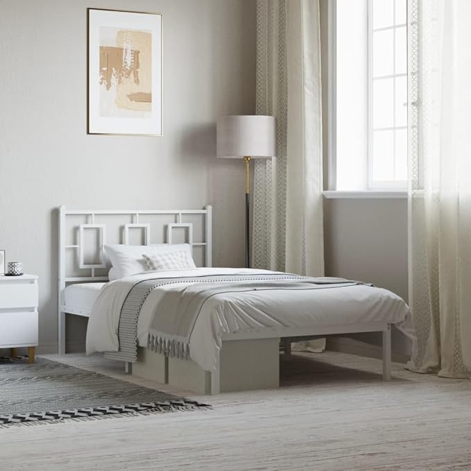 vidaXL White Metal Single Bed Frame with Headboard - Modern Bedroom Furniture, Steel Guest Bed Frame for Superior Support, 81.5x41.3x35.8 in