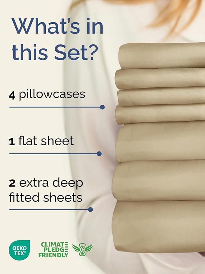 Extra Deep Split King Sheet Set - 7 Piece Breathable and Cooling Sheets - Hotel Luxury Bedding for Women, Men, Kids & Teens - Easy Secure Fit - Soft, Wrinkle Free & Comfy - Extra Deep Pockets - Beige