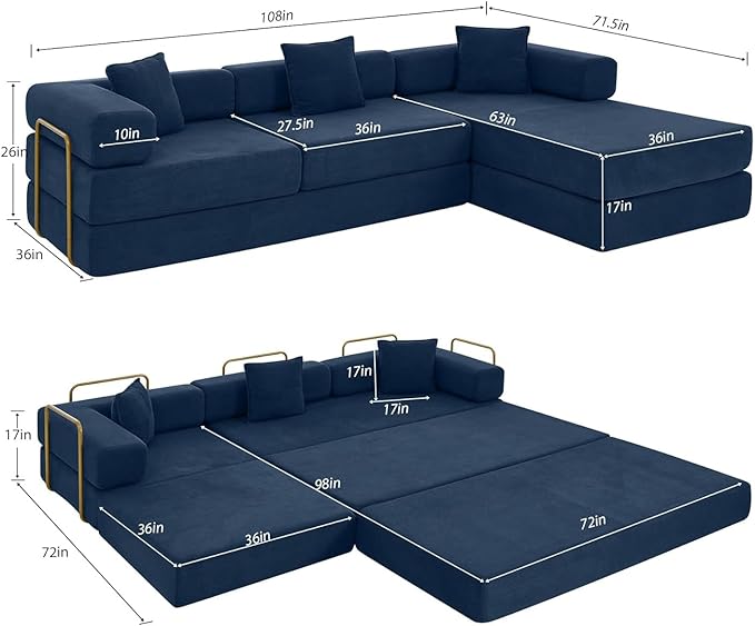 HANXIN 108 Inch Convertible Sleeper Sofa Bed, Folding Floor Mattress Couch with Fixed-Shape Frame, Futon Boneless Couch Lounge Loveseat with Pull Out Bed, No Assembly Required (Blue)