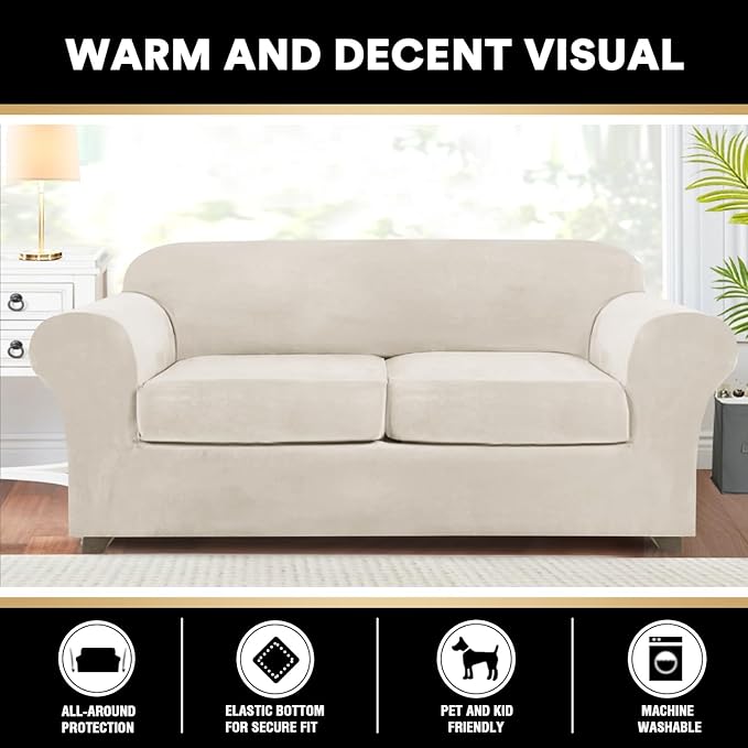 PrinceDeco Couch Cover Velvet Plush Sofa Covers for 2 Cushion Couch Width Up to 90 Inch Washable Furniture Protector Pet Friendly No Slip Sofa Slipcover(Medium-Large, Cream)