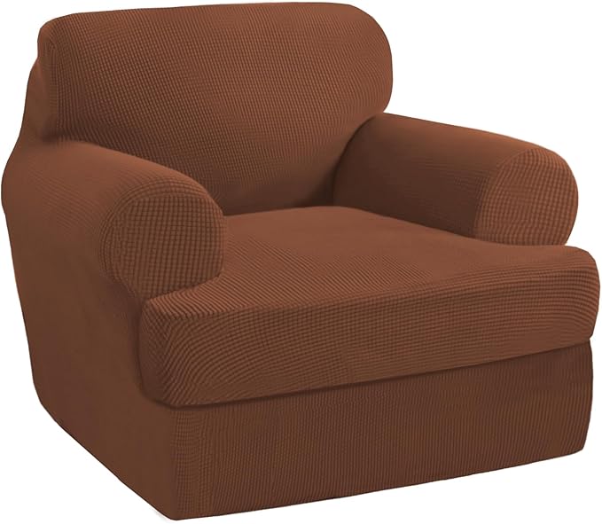 PrinceDeco 2 Pieces Armchair Slipcover Stretch Couch Covers for T Cushion Chair Slipcovers Soft Arm Chiar Cover Furniture Covers with 1 Individual T Shape Seat Covers Width Up to 40",Caramel