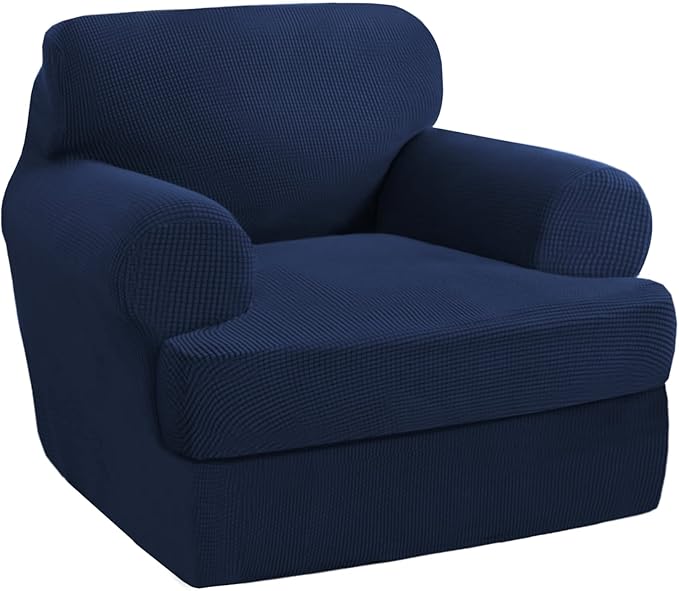 PrinceDeco 2 Pieces Armchair Slipcover Stretch Couch Covers for T Cushion Chair Slipcovers Soft Arm Chiar Cover Furniture Covers with 1 Individual T Shape Seat Covers Width Up to 40"- Navy