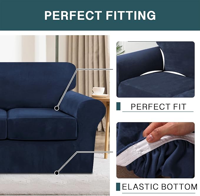 FantasDecor 2 Piece Chair Sofa Covers Velvet for Living Room Slipcovers with Individual Cushion Elastic Furniture Protector for Pets, Machine Washable (Armchair, Navy)