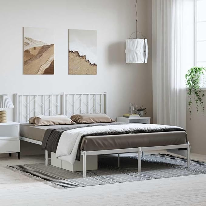 Bed Frame White Steel King Size Easy Assembly for Bedroom 59 x 79 in