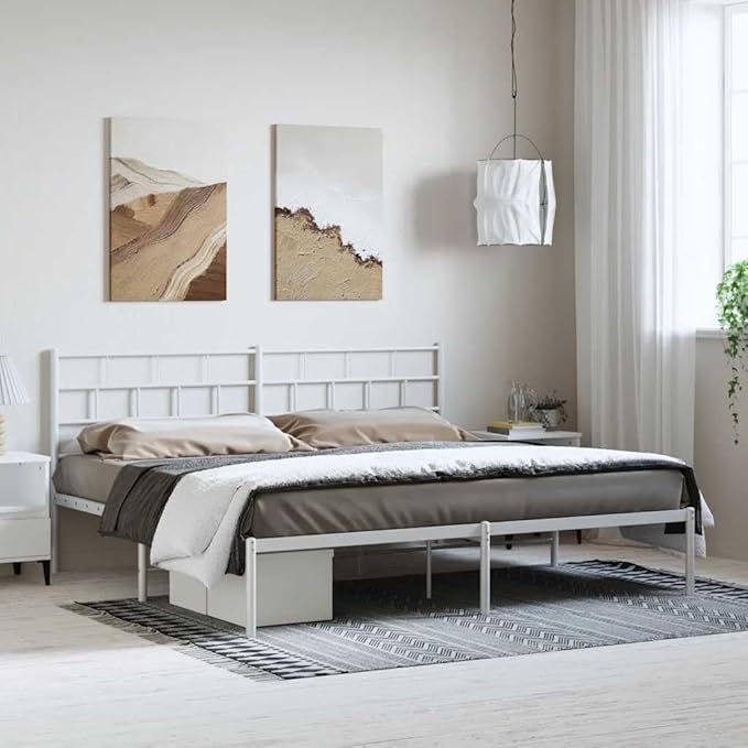 White Queen Platform Bed Frame 86.2x73.6x35.4 in Full Metal Steel with Headboard Under Bed Storage Modern Bedroom Furniture for Bedroom and Guest Room