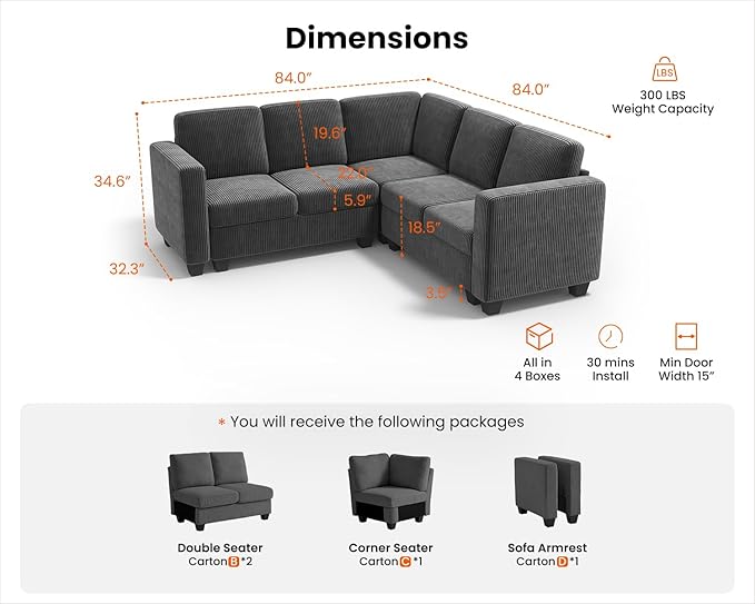 CHIC HOUSE Modular Corner Sectional Sofa with Storage, Corduroy L-Shaped Couch, Compact Small Space Furniture for Living Room & Apartment (Dark Grey, 5 Seater L-Shaped)