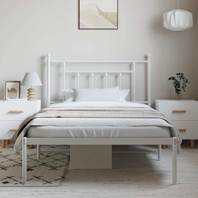 White Powder-Coated Steel Single Bed Frame Modern Platform Bed Bedroom Furniture Sturdy Mattress Support No Box Spring Needed Easy Assembly for Dorm Room Camas