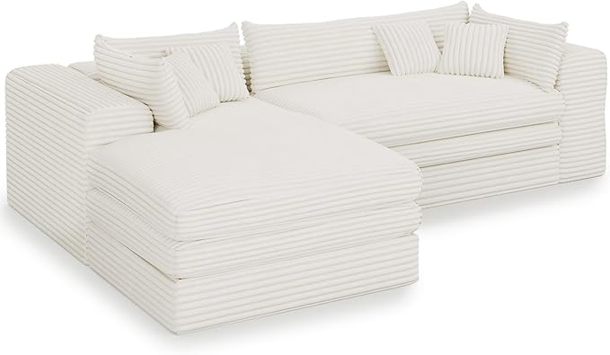Belffin Plush Corduroy L Shaped Couch with Deep Seat Boneless Modular Sectional Cloud Boneless Couches for Living Room. Left Facing Chaise. Beige Sofa