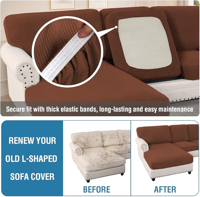 H.VERSAILTEX Sectional Couch Covers 6 Pieces Stretch Sofa Covers for Sectional Sofa Set Separate L Shaped Couch Cover for Both Left/Right Couch (Seat and Back: 1 Chaise + 2 Sofa, Caramel)
