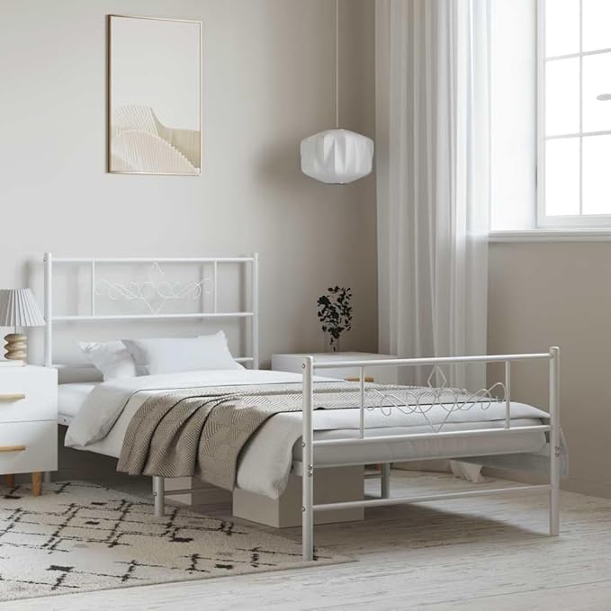 Modern Single Metal Bed Frame with White Finish, Sturdy Steel Construction for Bedroom, Easy Assembly, Compact Size 39.4" x 78.7" for Guest Room or Small Space