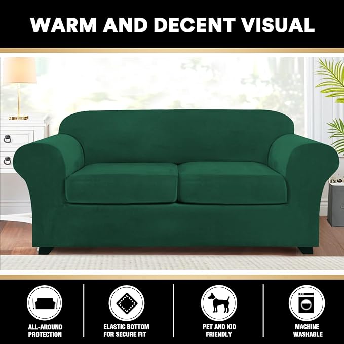 PrinceDeco 3 Pieces Sofa Covers Velvet Couch Covers for 2 Cushion Sofa Soft Sofa Covers for 2 Cushion Couch Width Up to 90 Inch Feature Thick Soft Stay in Plac(Medium-Large, Green)