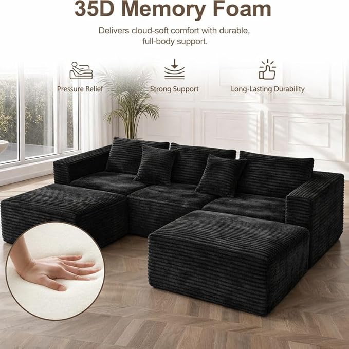 110" Boneless Couch with 2 Ottomans, Corduroy U-Shaped Modular Cloud Sofa with Deep Seats, Ergonomic Memory Foam Couches for Living Room, No Assembly Sectional Sofas, 5 Seater, Black